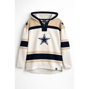 ’47 Dallas Cowboys Lace Up Hoodie Cream Navy Hockey Style Fleece Large